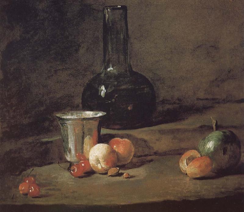 Jean Baptiste Simeon Chardin Wine glass bottles fitted five silver Cherry wine a two peach apricot, and a green apple oil painting image
